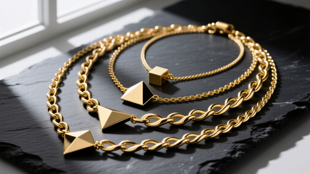 A flat lay of layered 14k gold filled necklaces with molten textures and geometric pendants resting on a dark slate surface