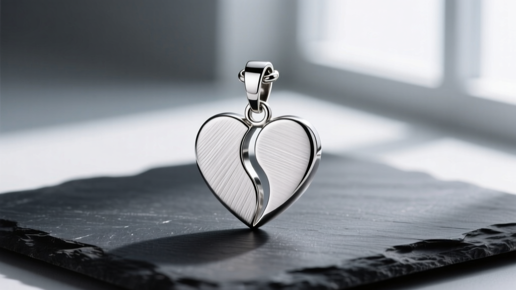 Macro shot of a brushed 316L stainless steel split-heart pendant with a secure lobster clasp resting on a dark slate surface.