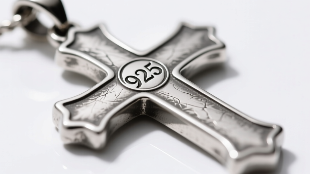 Macro shot of a 925 sterling silver hallmark stamped on the back of a vintage cross pendant, lit by soft directional lighting.