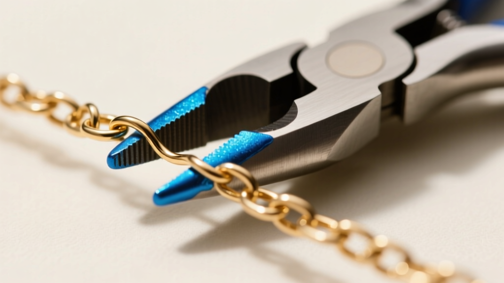 Macro shot of chain-nose pliers for jewelry with blue tool dip on the tips, gently gripping delicate 24-gauge gold-filled wire.