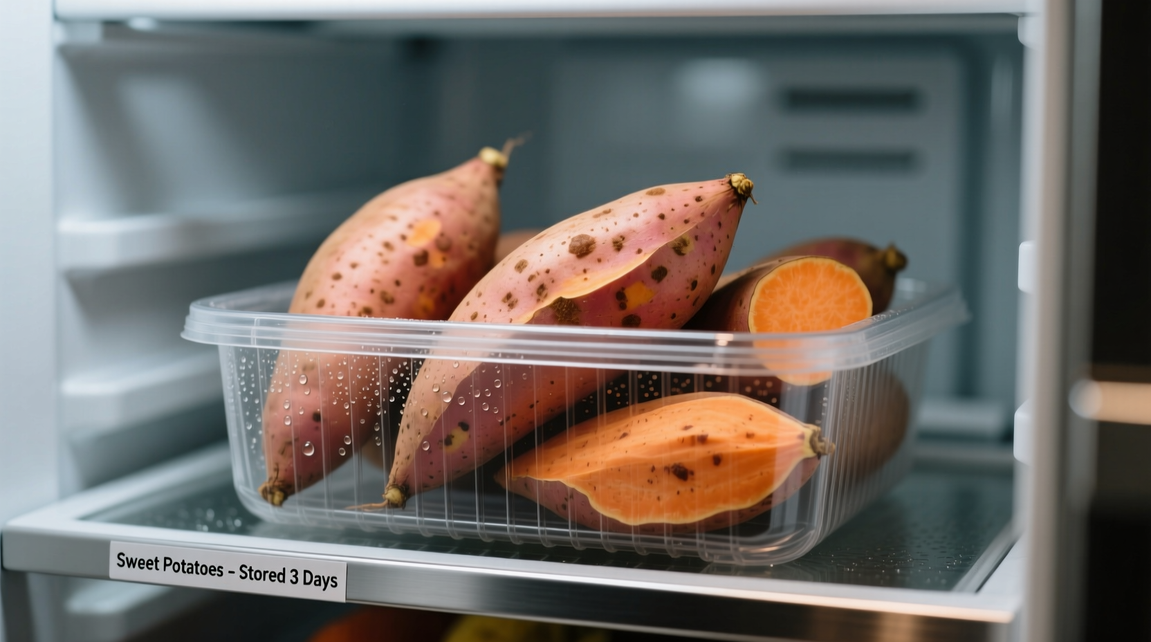 Sweet potatoes stored in ventilated container in refrigerator