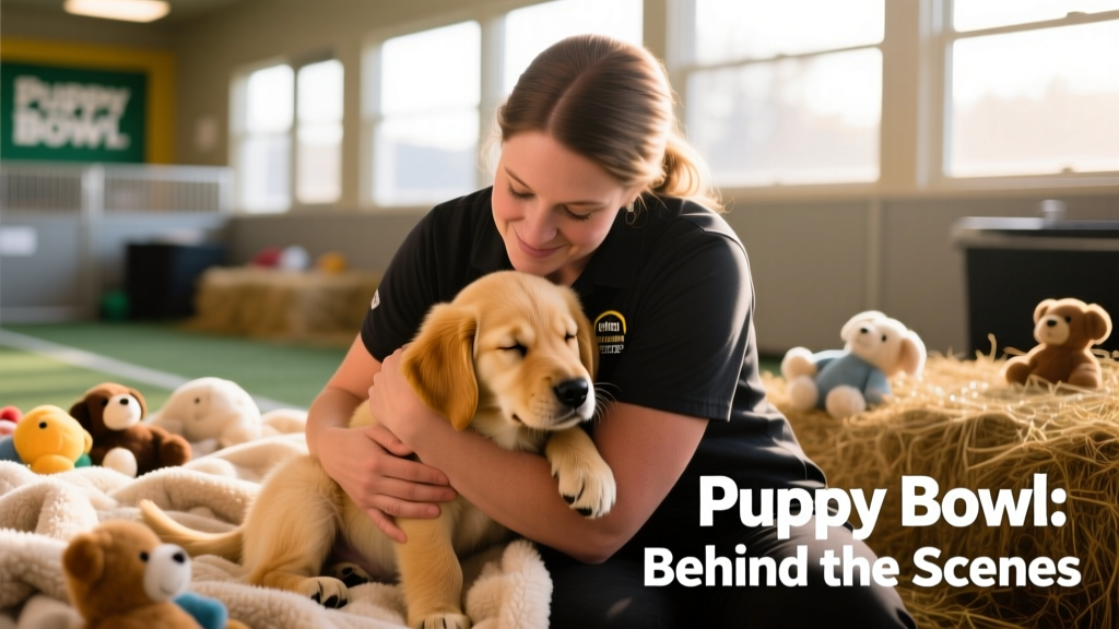A handler gently snuggling a sleepy puppy in a cozy, softly lit holding area with blankets and toys nearby