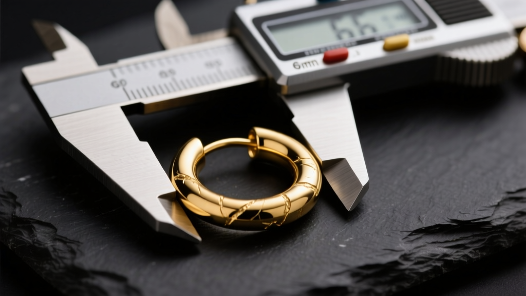 Macro shot of a digital caliper measuring a 6mm gold huggie hoop earring on a dark slate surface with soft studio lighting