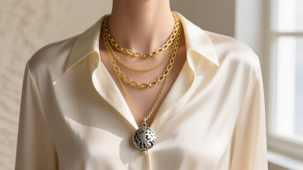 Editorial shot of a layered 16-inch gold chain and a 22-inch oxidized silver diffuser pendant worn over a cream silk button-down blouse