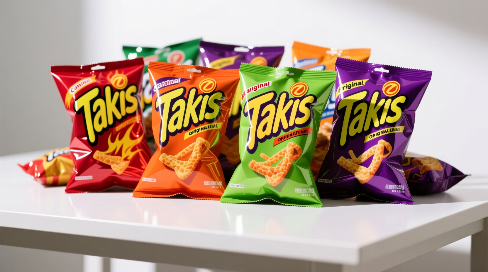 Colorful assortment of Takis snack varieties in original packaging
