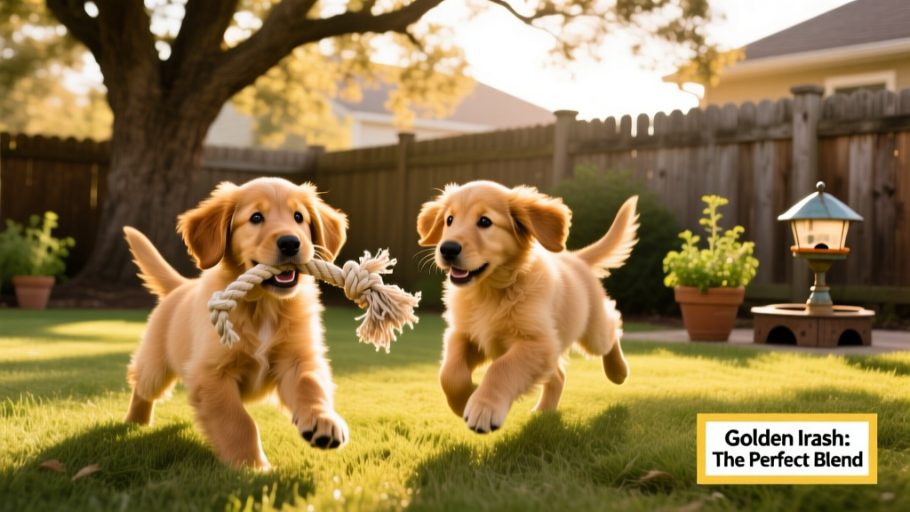 Two Golden Irish puppies playing together in a sunlit backyard, one gently tugging a rope toy