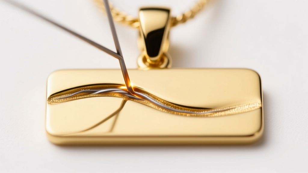 Macro shot of a laser-soldered joint on an 18k gold nameplate pendant, revealing a slight stress bend in the soft yellow metal.