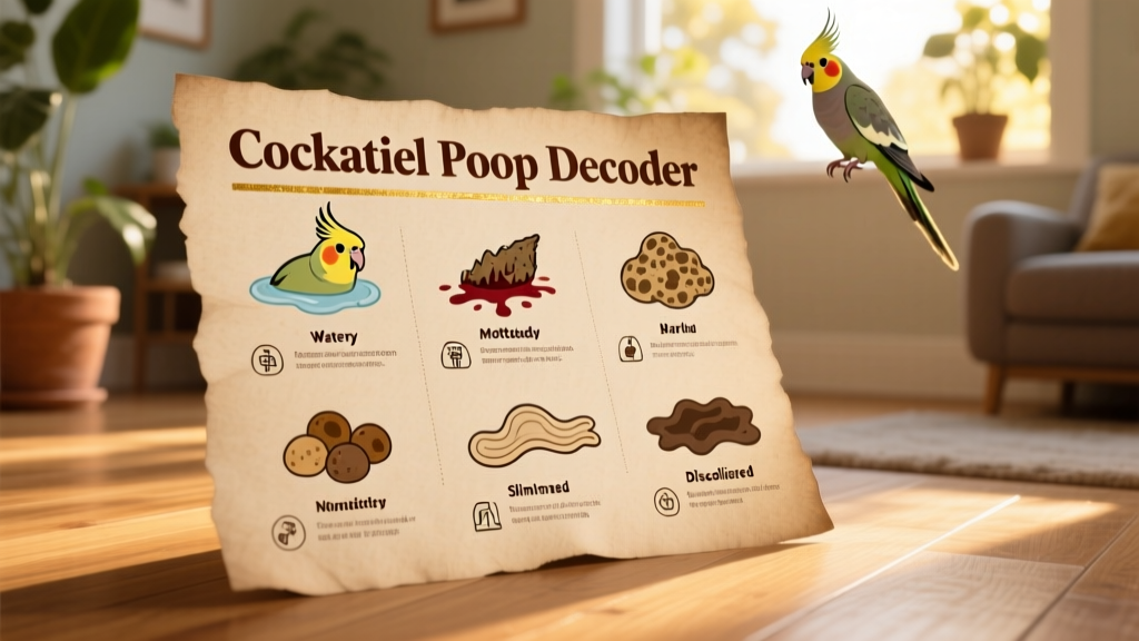 Infographic-style chart titled 'Cockatiel Poop Decoder' showing labeled examples of normal droppings alongside six common abnormalities with brief explanations and recommended next steps