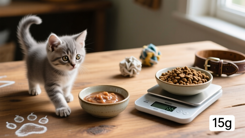 A side-by-side comparison showing measured portions of wet and dry kitten food next to a small scale and a growing kitten