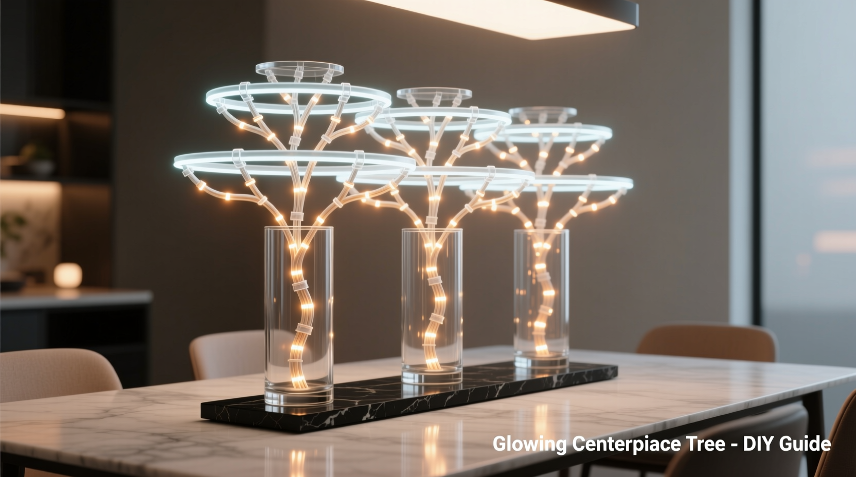 how to use led strips inside clear vases to create glowing centerpiece trees