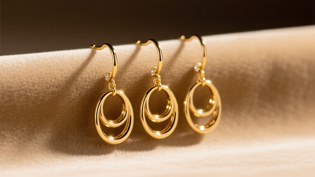 Gold Kira multi hoop drop earrings with three cascading micro-hoops glowing under warm light on a beige velvet backdrop