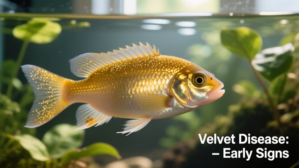 Close-up of a freshwater fish showing fine golden dusting on its flank and fins, indicating early-stage velvet disease