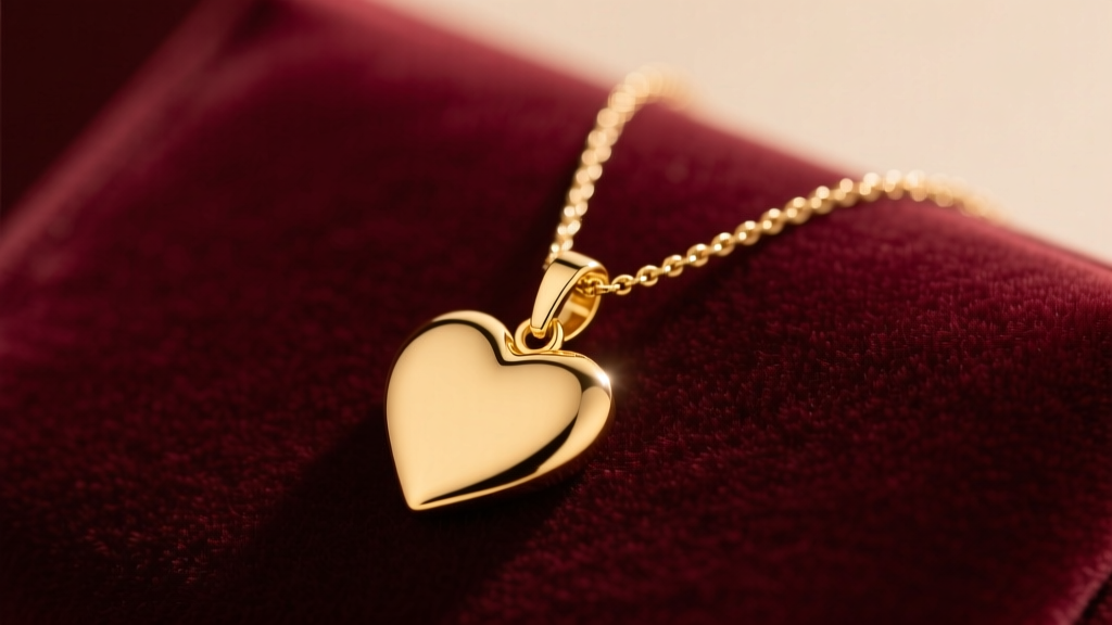 14k gold heart necklace on velvet, showing a misaligned bail and a 1mm cable chain under a soft, warm studio lighting setup