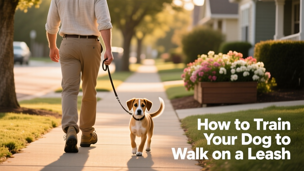 A trainer calmly walking backward while a curious puppy follows closely, focused and engaged