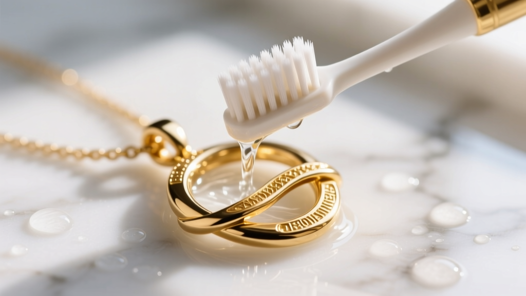 Soft-bristled toothbrush gently scrubbing the interlocking groove of a gold-plated friendship pendant under warm running water.