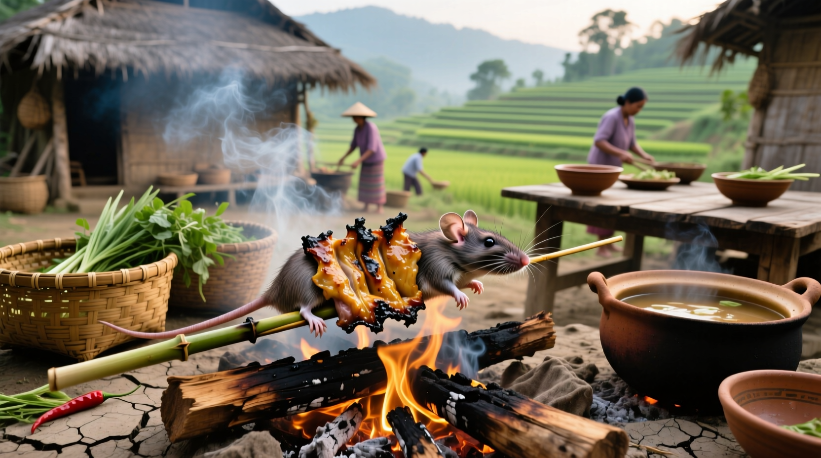 Traditional grilled field rat preparation in Vietnamese village
