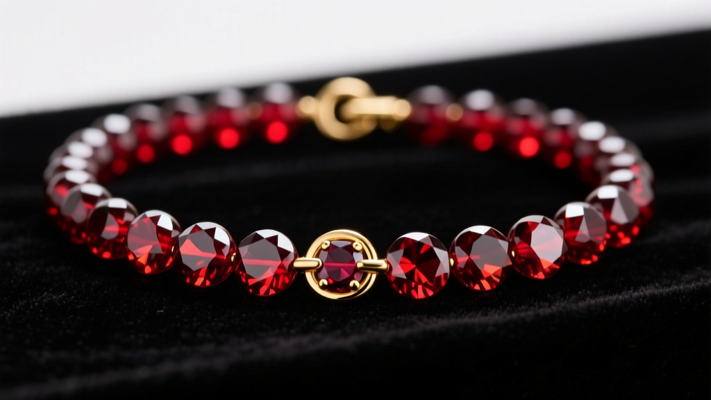 Close-up of 8mm AAA-grade Mozambique garnet beaded necklace on dark velvet, highlighting deep red facets and gold toggle clasp.