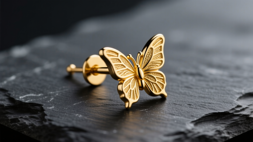 Macro shot of an 18k yellow gold earring post and butterfly push back resting on dark slate under bright, focused studio lighting.