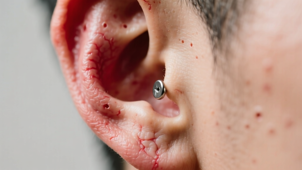 Macro shot of an irritated earlobe wearing a cheap metal stud, showing redness and swelling under soft clinical lighting.
