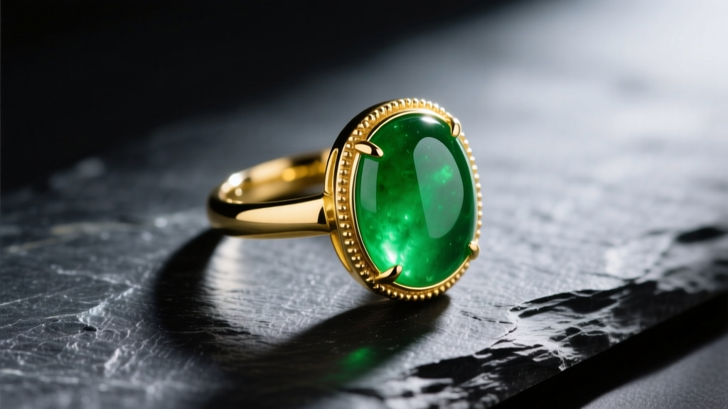 Close-up of a vibrant emerald-green Guatemalan jadeite cabochon ring set in 18k yellow gold, resting on dark slate.