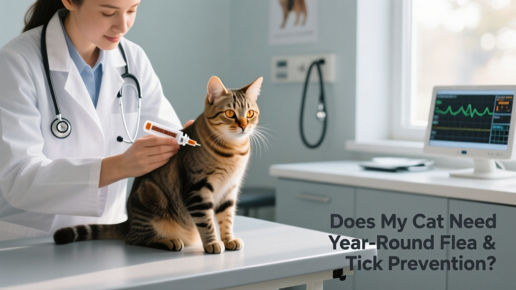 A veterinarian gently applying a topical flea treatment to a calm, seated cat on an exam table