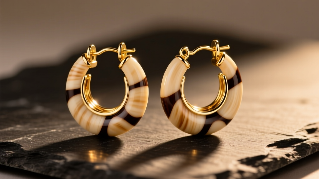 Close-up of polished tagua nut ivory hoop earrings with 18k gold vermeil hinges, resting on dark slate under warm studio lighting.