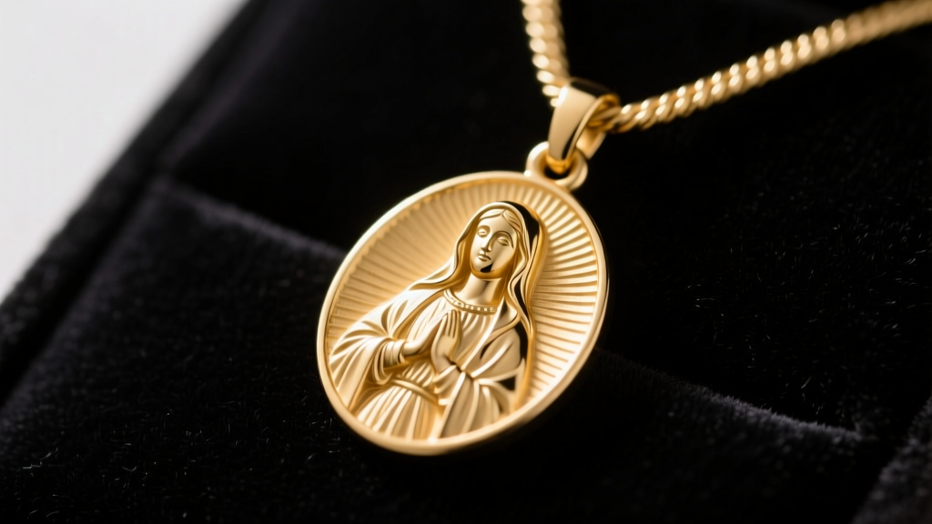 Macro shot of a 14k gold Virgin Mary medallion on dark velvet, showing fine relief details and a polished cable chain
