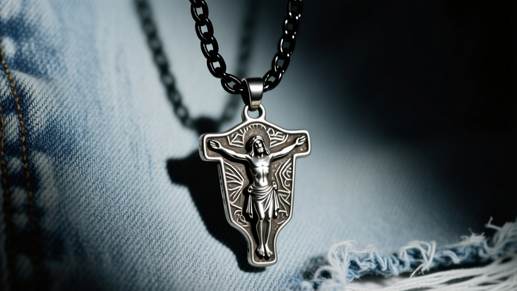 Oxidized silver Jesus pendant on a 4mm blackened Cuban chain against faded denim in moody studio lighting