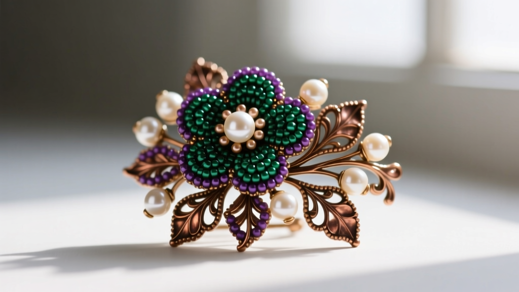 Macro shot of a vintage Miriam Haskell floral brooch with intricate seed beadwork, faux pearls, and oxidized brass filigree.