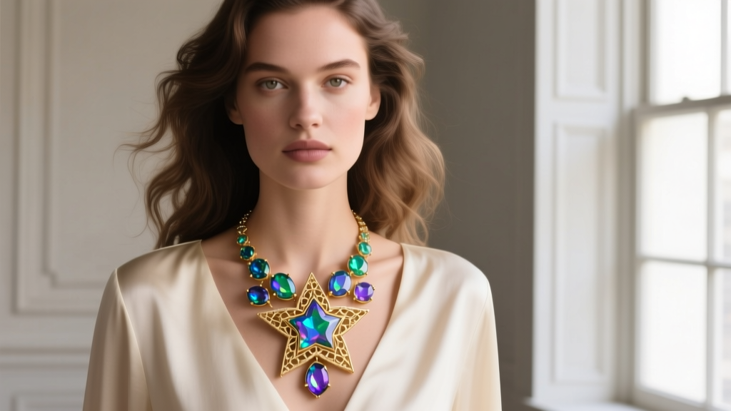 Model wearing a layered 14k gold opal star necklace over a cream silk blouse, highlighting the gem