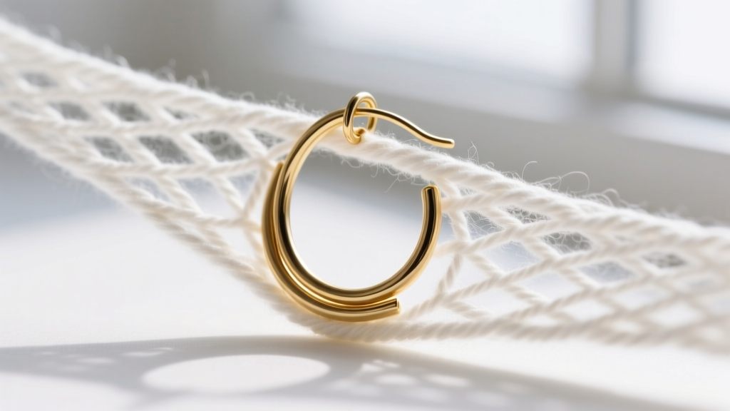 Macro shot of white cotton yarn mesh holding a 20-gauge gold French wire earring securely without scratching the curved metal loop