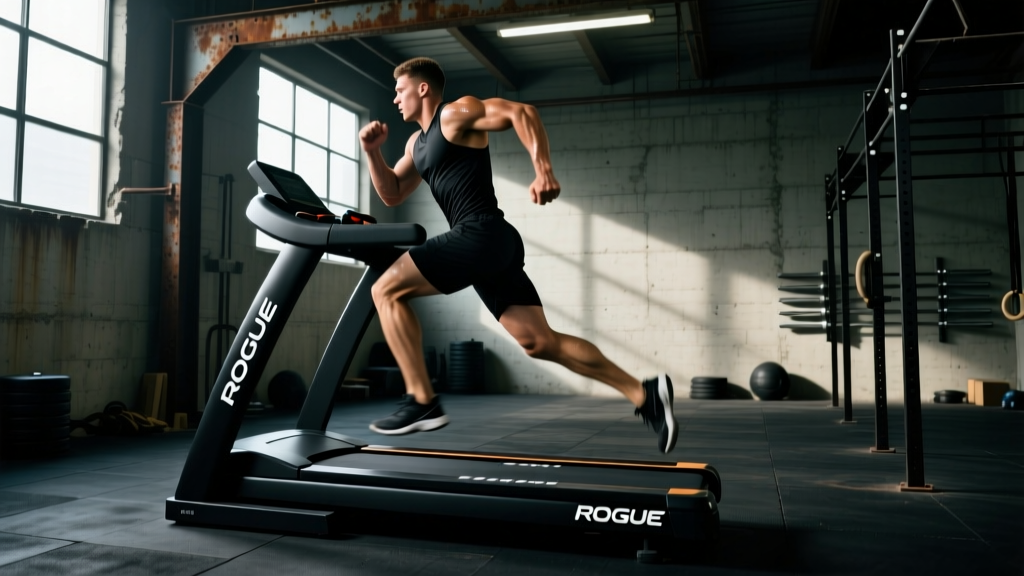 Athlete performing high-knee sprint on a black Rogue Echo Runner curved manual treadmill in a dimly lit industrial CrossFit gym
