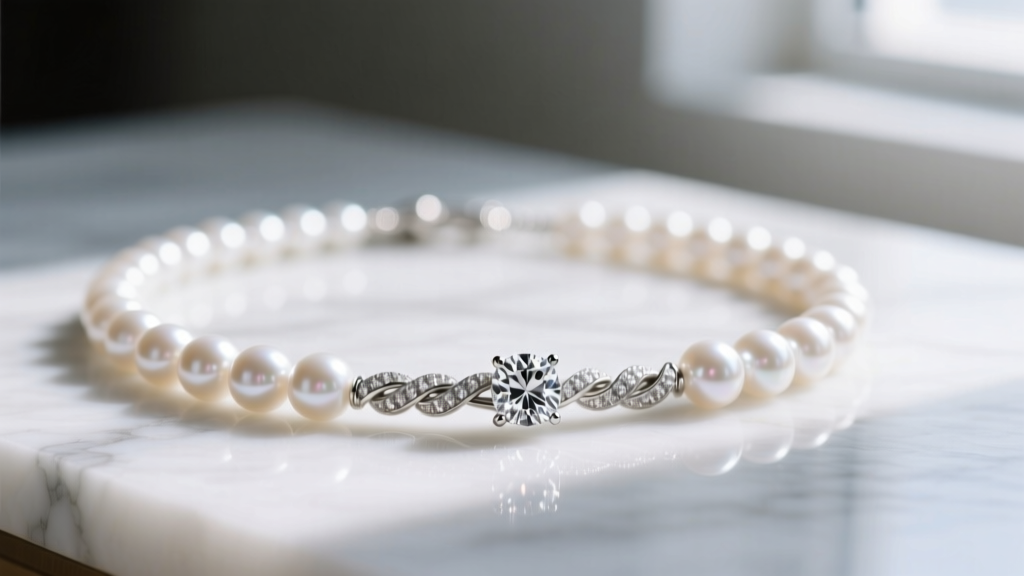 Macro shot of a pearl torsade twist necklace with a diamond clasp, draped over white marble under soft natural window lighting