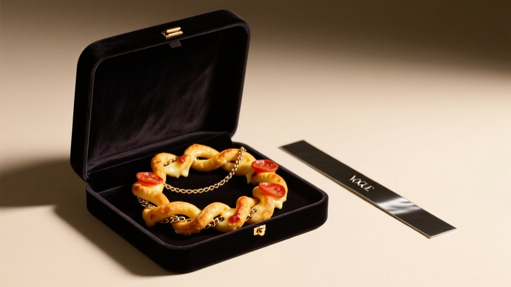 Open velvet box holding a coiled pizza necklace and a dark anti-tarnish strip, illuminated by soft warm overhead studio lighting.