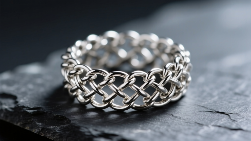 Macro shot of a sterling silver chainmaille finger ring on dark slate, highlighting the woven jump ring texture and metallic seams