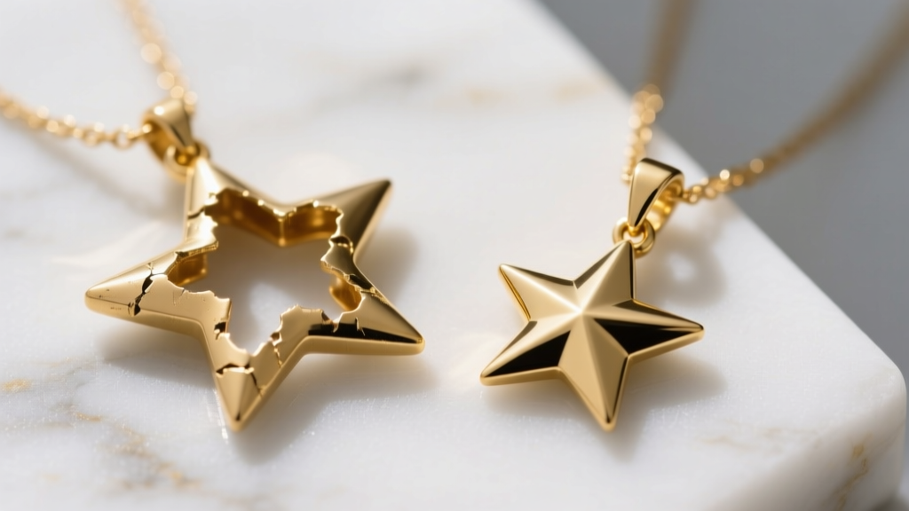 Macro shot comparing a dented hollow gold star necklace beside a pristine solid 14k gold star pendant on a white marble surface.