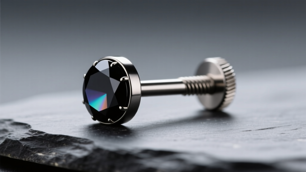 Macro shot of an 18-gauge implant-grade titanium threaded labret stud with a matte black onyx end, resting on a dark slate stone