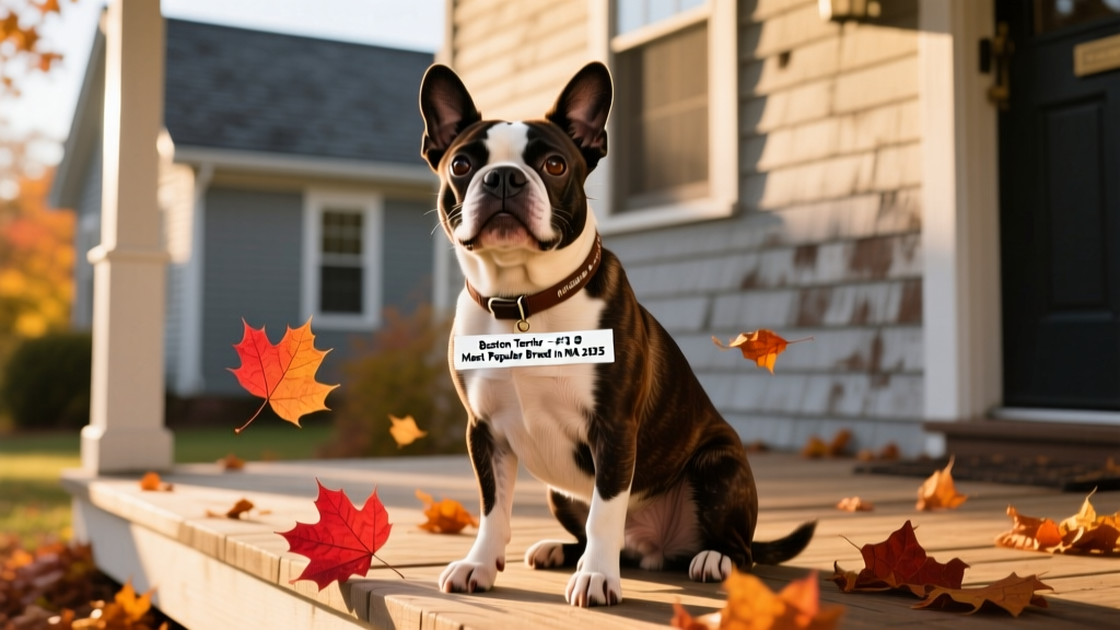 A friendly Boston Terrier sitting on a sunny porch with autumn leaves scattered nearby