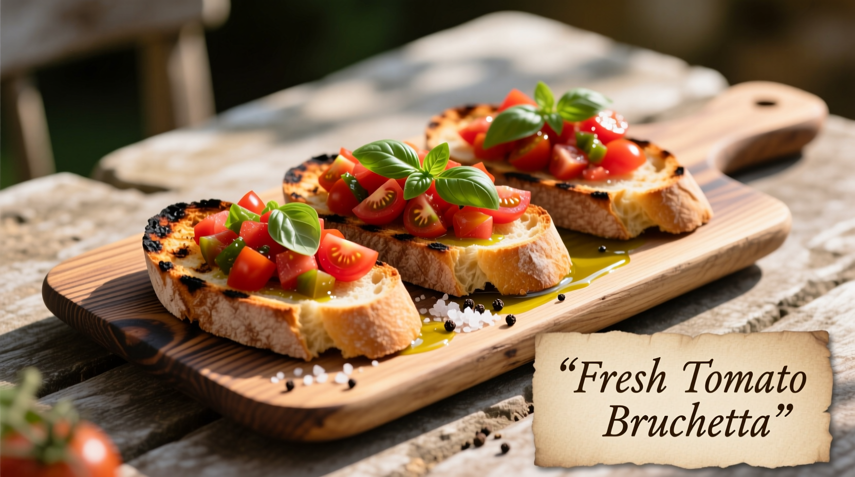 Fresh tomato bruschetta on rustic bread platter