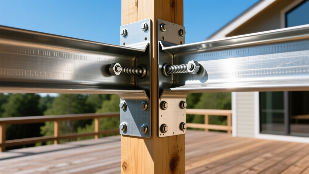 Close-up of galvanized steel joist hangers and post bases securely fastening heavy timber framing in a residential deck build