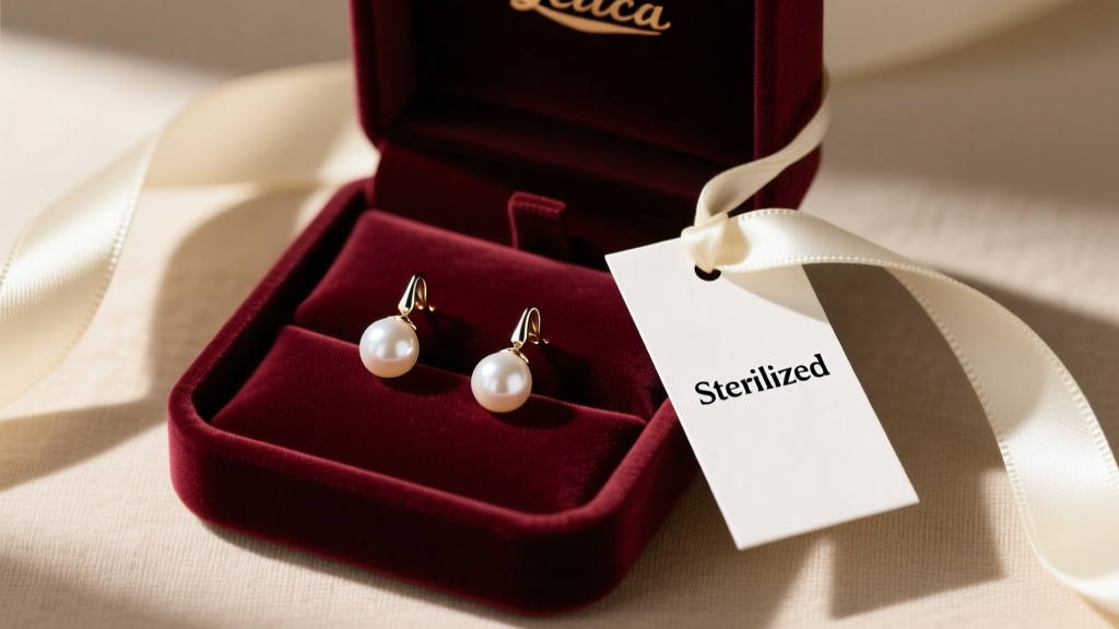 Pearl drop earrings in an open velvet gift box with a silk ribbon and a custom Sterilized tag on a soft linen backdrop.