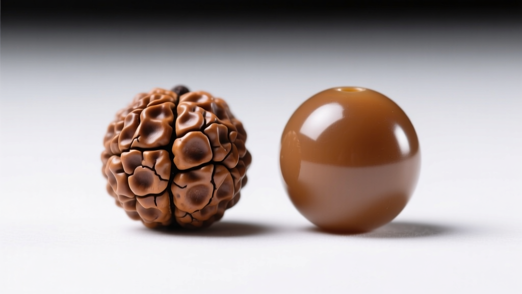 Side-by-side comparison of a genuine textured rudraksha seed bead and a smooth molded plastic replica under bright studio lights.
