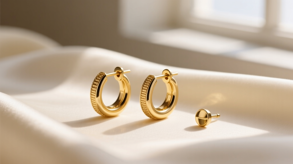 Macro shot of 14k and 18k solid gold huggies and stud earrings on cream silk, illuminated by soft diffused morning window light