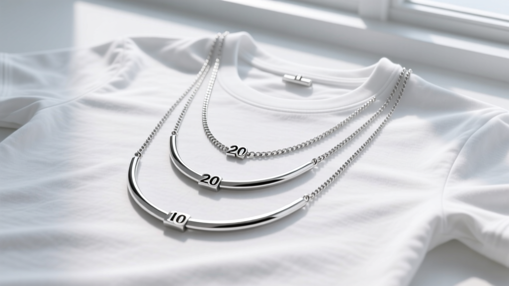 Flat lay of three stainless steel necklaces measuring 18, 20, and 24 inches arranged neatly over a crisp white cotton t-shirt
