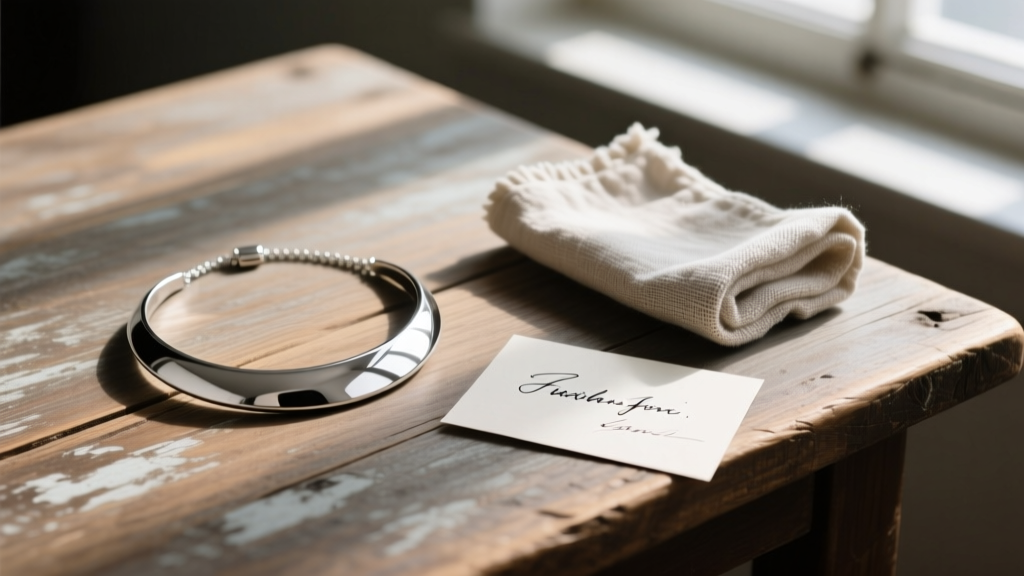 Flat lay gift box with a polished silver half moon necklace, a polishing cloth, and a handwritten note on a rustic wooden table.