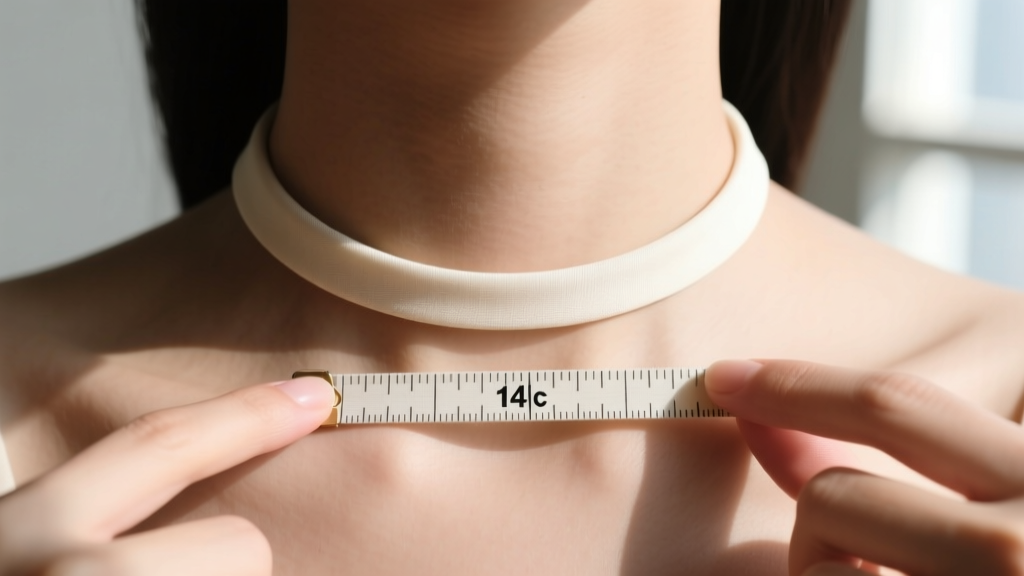 Soft tape around a neck showing the 14 inch mark, with two fingers underneath for a comfortable short collar necklace fit.