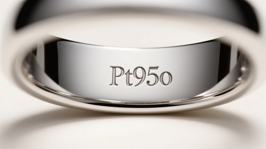 Macro view of a Pt950 hallmark stamped inside a polished platinum ring shank, lit by directional light to reveal the stamp depth
