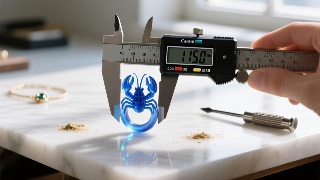 Digital caliper measuring a 0.15mm gap on a 3D printed resin prototype of a custom lobster clasp jump ring on a jewelry workbench.