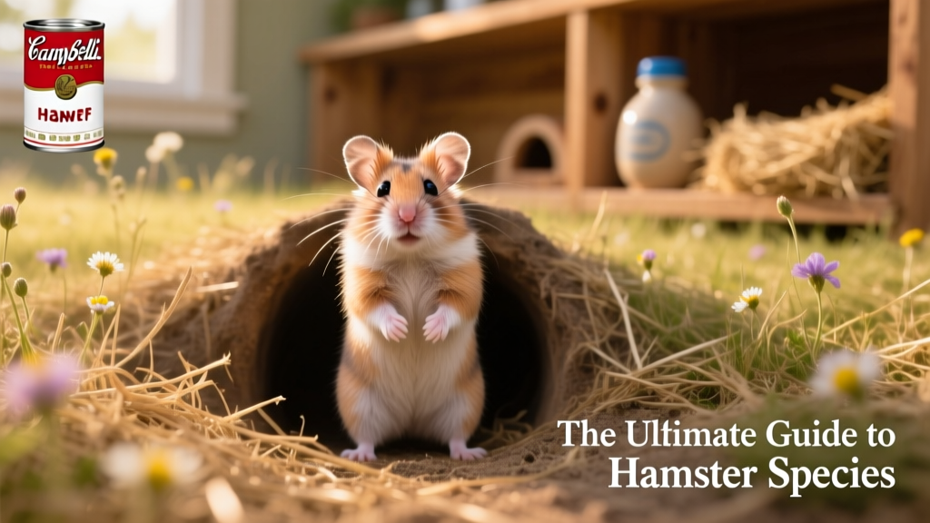 Campbell's dwarf hamster standing on hind legs near a tunnel entrance, showing its upright ears and slender face