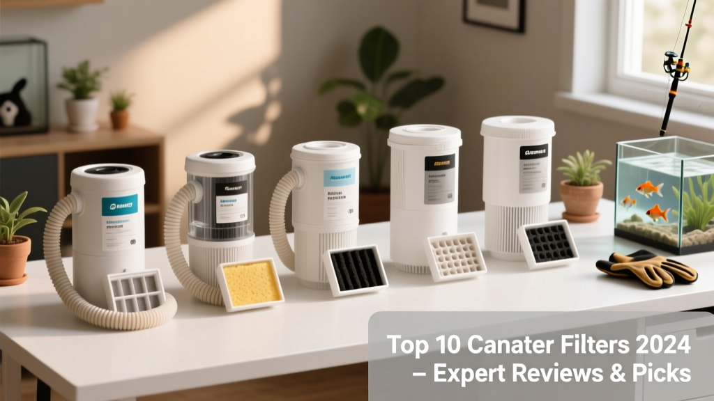 Side-by-side comparison of five popular canister filters on a clean work surface, showing labels, tubing, and media trays